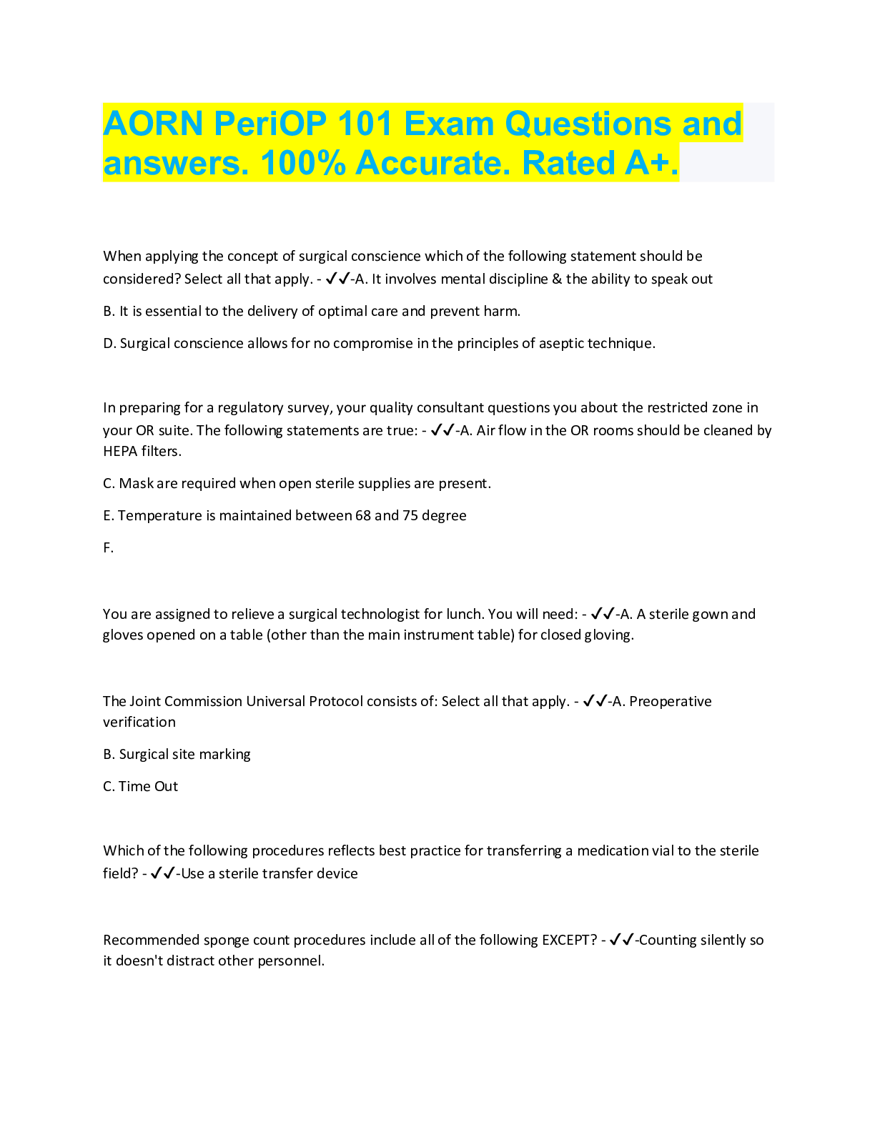 Preview image for AORN PeriOP 101 Exam| Questions and Answers. 100% Accurate. Rated 100%